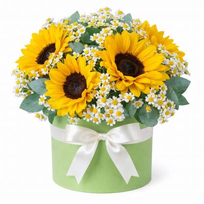 Коробка с живыми цветами «Подсолнуховая радость»
