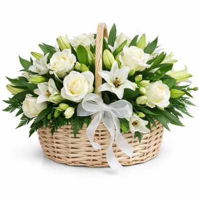 Цветы в корзинке с лилиями