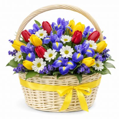 Цветы в корзинке с ирисами